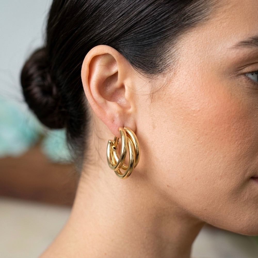 14 Gold Plated XP Womens Triple Layer Chunky Hoop Earrings